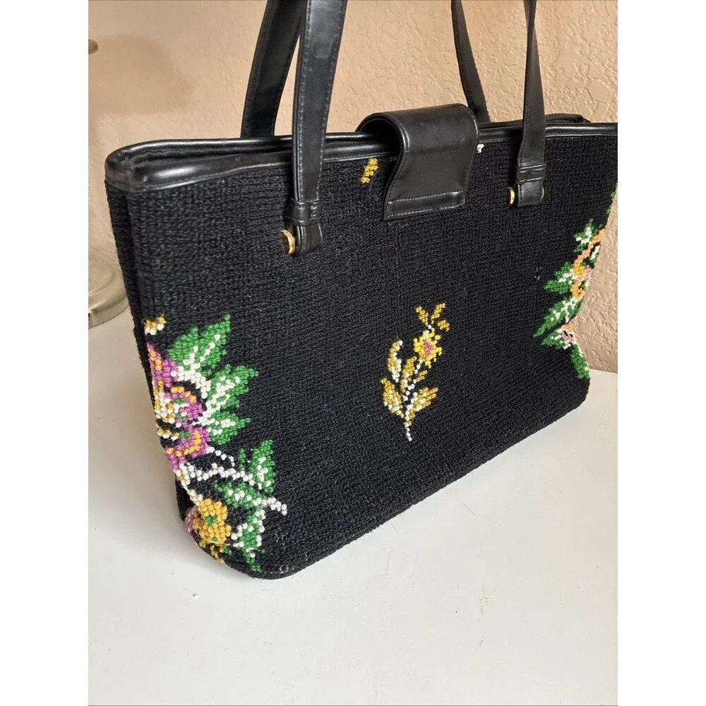 Vintage 1950s Needlepoint Carpetbag Handbag Tapestry Floral Shoulder Bag Purse